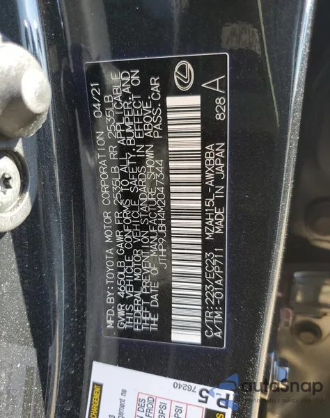 2021 Lexus Ux 250H из США, поврежденный, VIN JTHP9JBH4M2047344